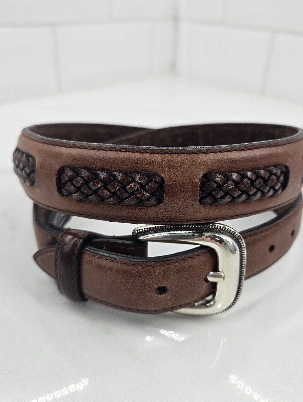 Brighton Brown Oiled Leather Braided Inlay Ranger Belt Silver Buckle 90107 Sz 42